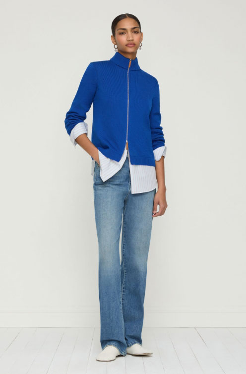 Cotton-Silk Tape Knit Bomber in Galaxy Blue