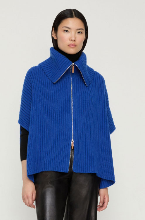 Merino Wool-Cashmere Ribbed Zip Front Poncho