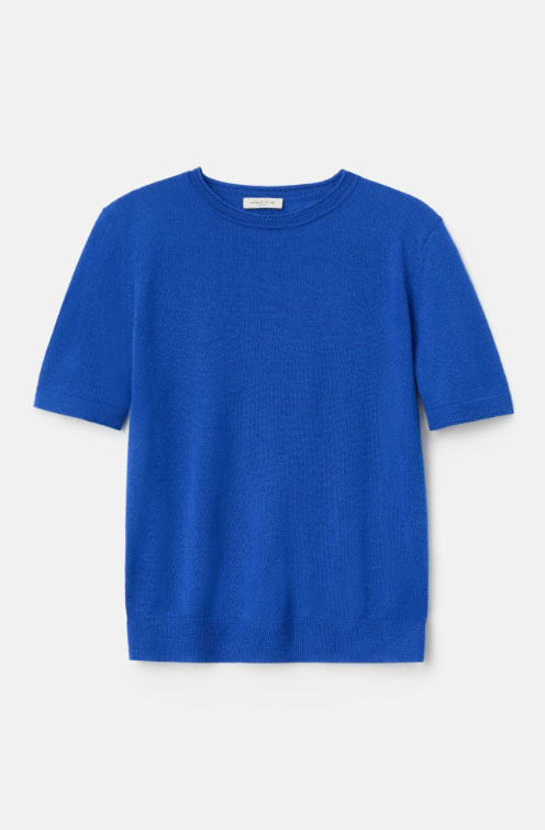 Fine Gauge Cashmere Crewneck Short Sleeve Sweater in Galaxy Blue