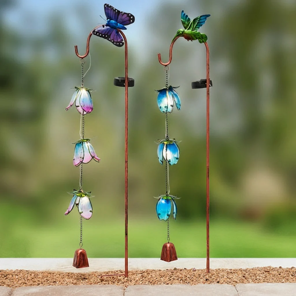 Image of Cascading Flower Solar Garden Stake - Butterfly or Hummingbird