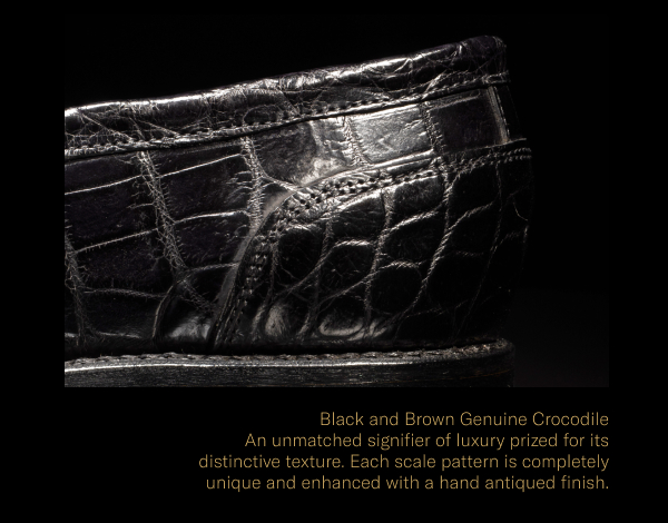 Click Here To Shop The Miller Reserve Penny Loafer In Black And Brown Genuine Crocodile.