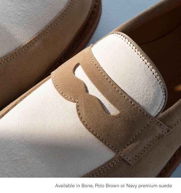 The Randolph Verse Spectator Loafer Is Available In Bone, Polo Brown And Navy Premium Suede.