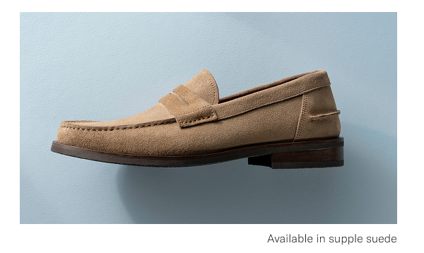 Side-view Of The Sorrento Penny Loafer In Tobacco Suede, Click Here To Shop It Now.
