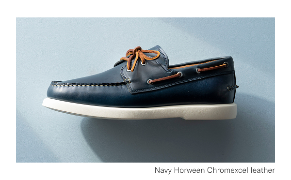 Side-view Image Of The Panama Boat Shoe In Navy Leather, Click Here To Shop It Now.