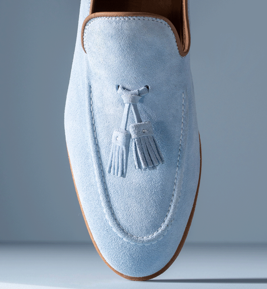Click here to save on the Randolph Tassel Loafer in sky blue suede and five other colorways