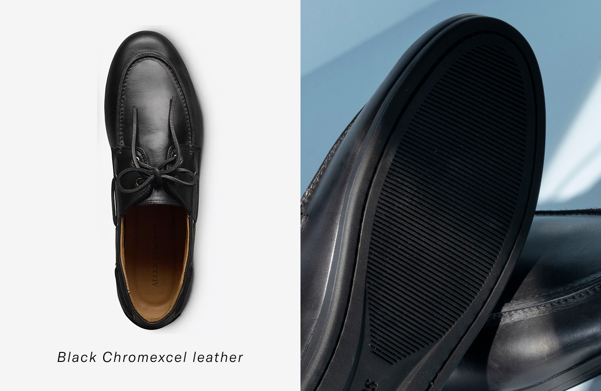 Close up photograph of the tread on the bottom of the Aruba Boat Shoe in Black Chromexcel leather.