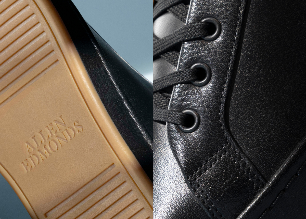 Close-up of the lacing feature and sole of the Barnes Sneaker in black leather.