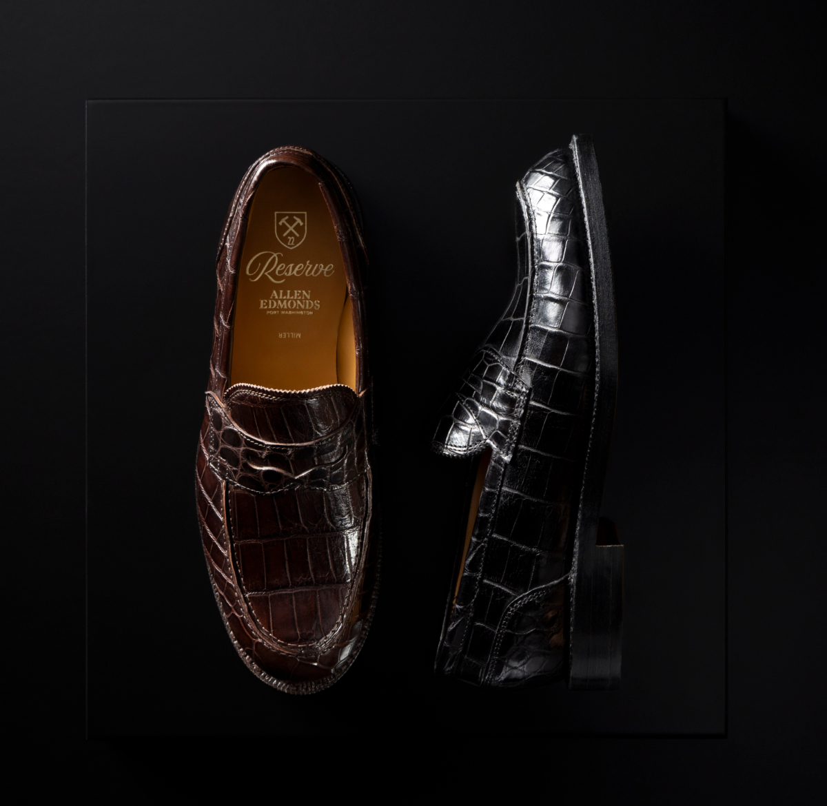 Click Here To Shop The Miller Reserve Penny Loafer In Seven Leather Options Including Dark Brown Genuine Crocodile.
