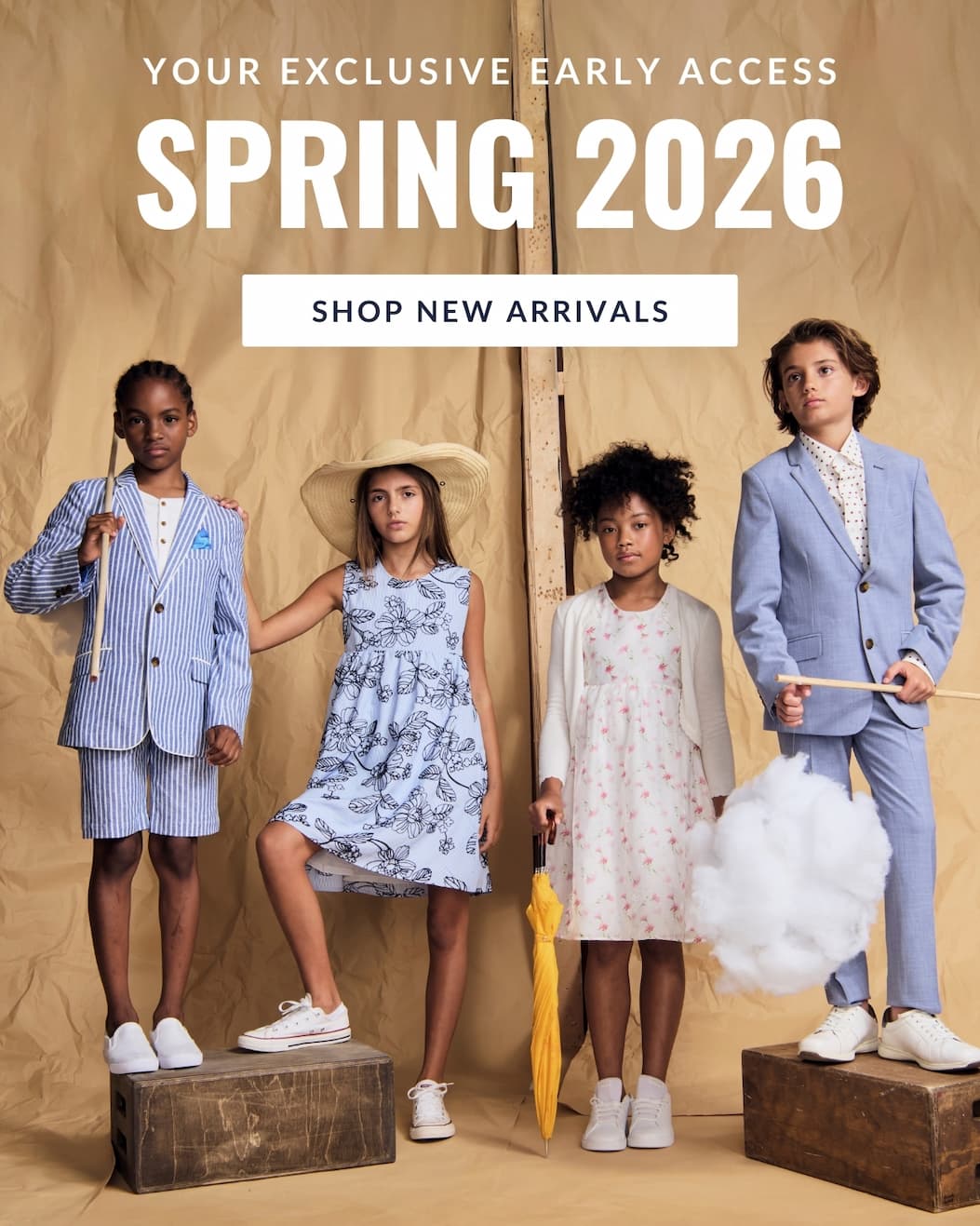 Kids wearing formal clothes with kraft paper backdrop