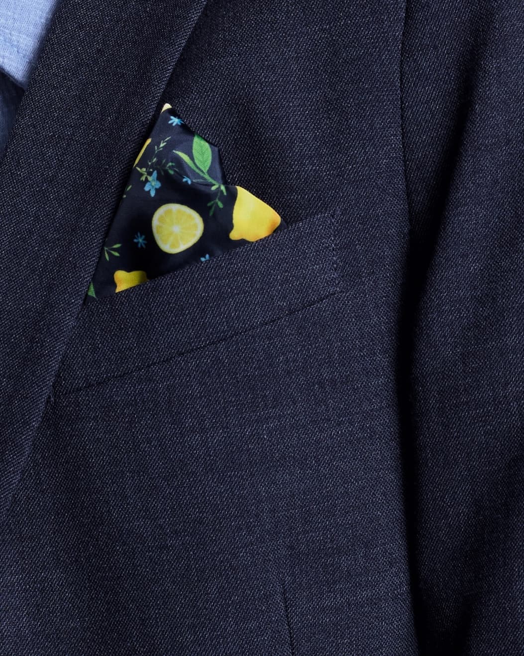 Lemon Pocket Square on blue suit