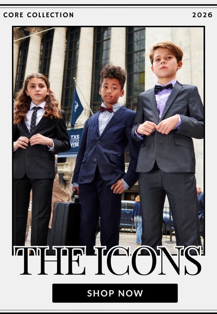 Two boys and a girl dressed in suits on wall street