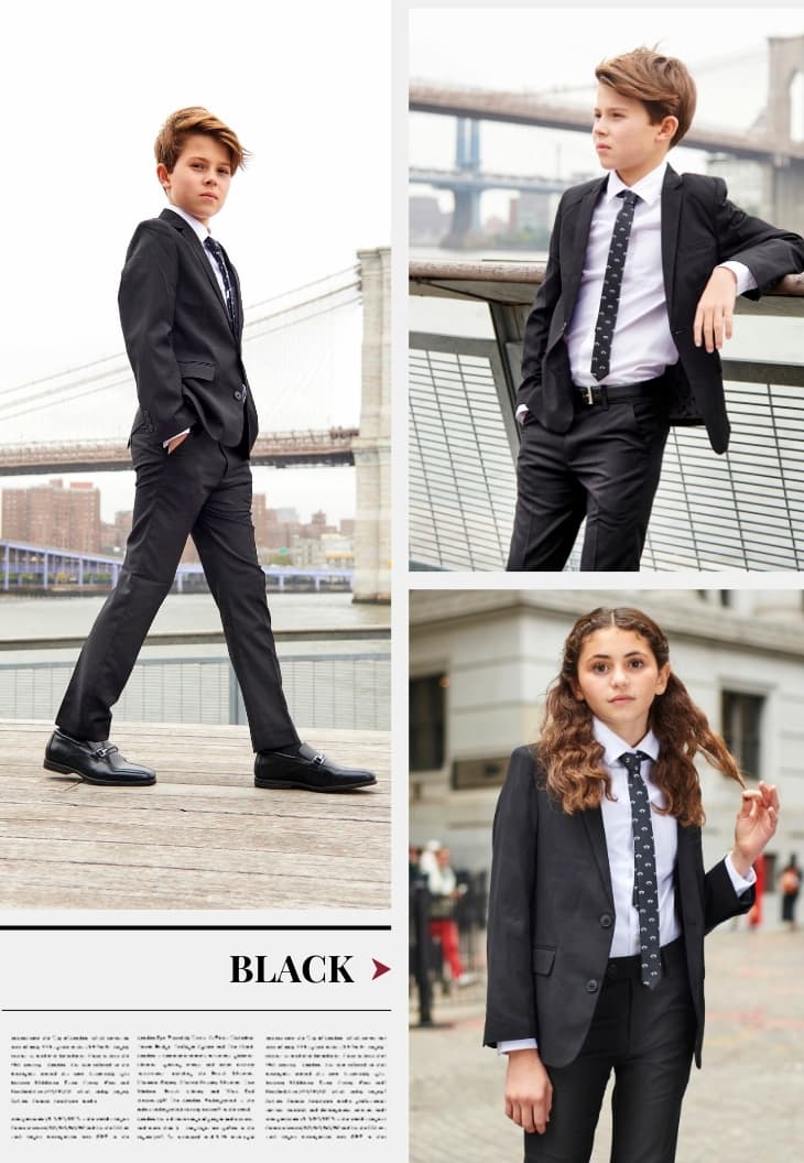 Boy and girl dressed in black suit with white shirt and black Appaman logo tie outside in NYC