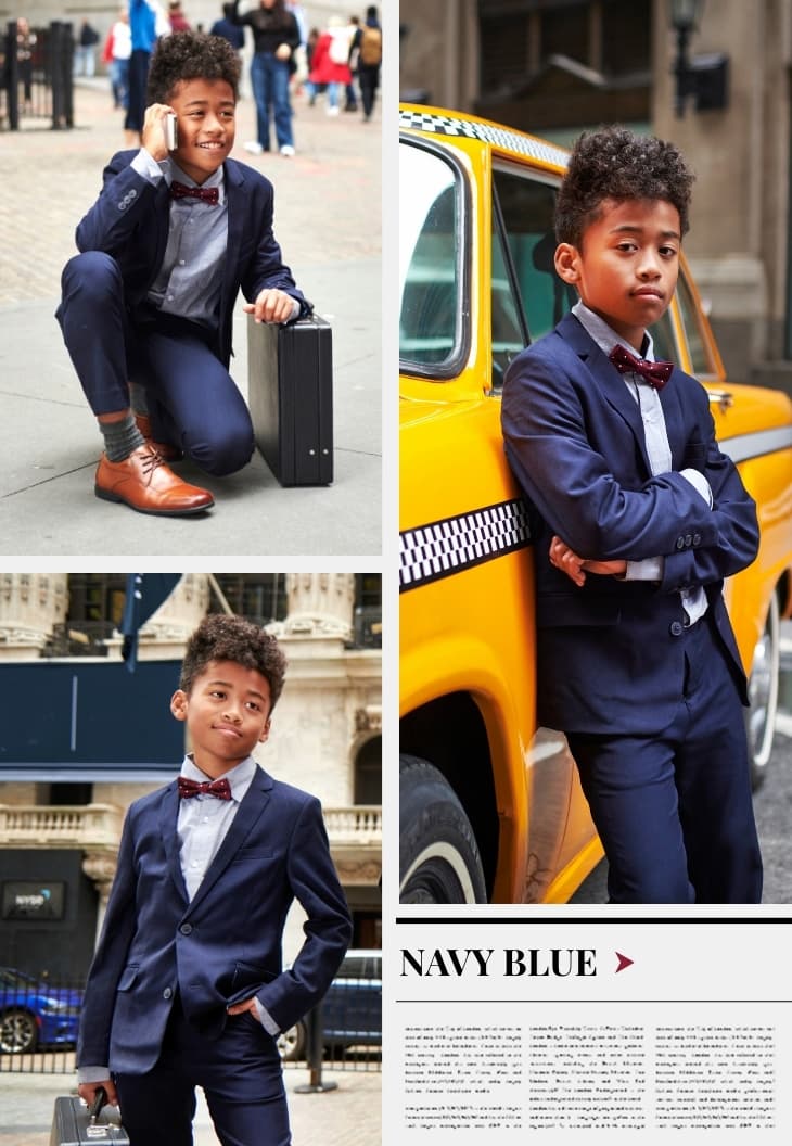 Boy outside in NYC wearing a navy blue Appaman suit