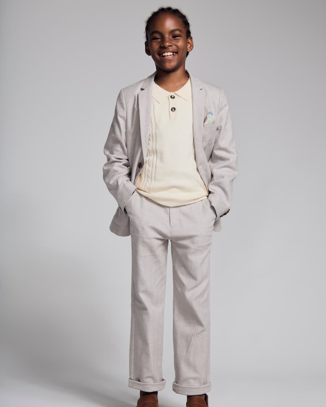 Boy on grey background wearing Linen Grey Suit Set