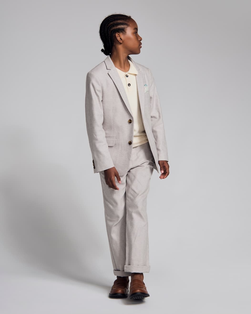 Boy on grey background wearing Linen Grey Suit Set