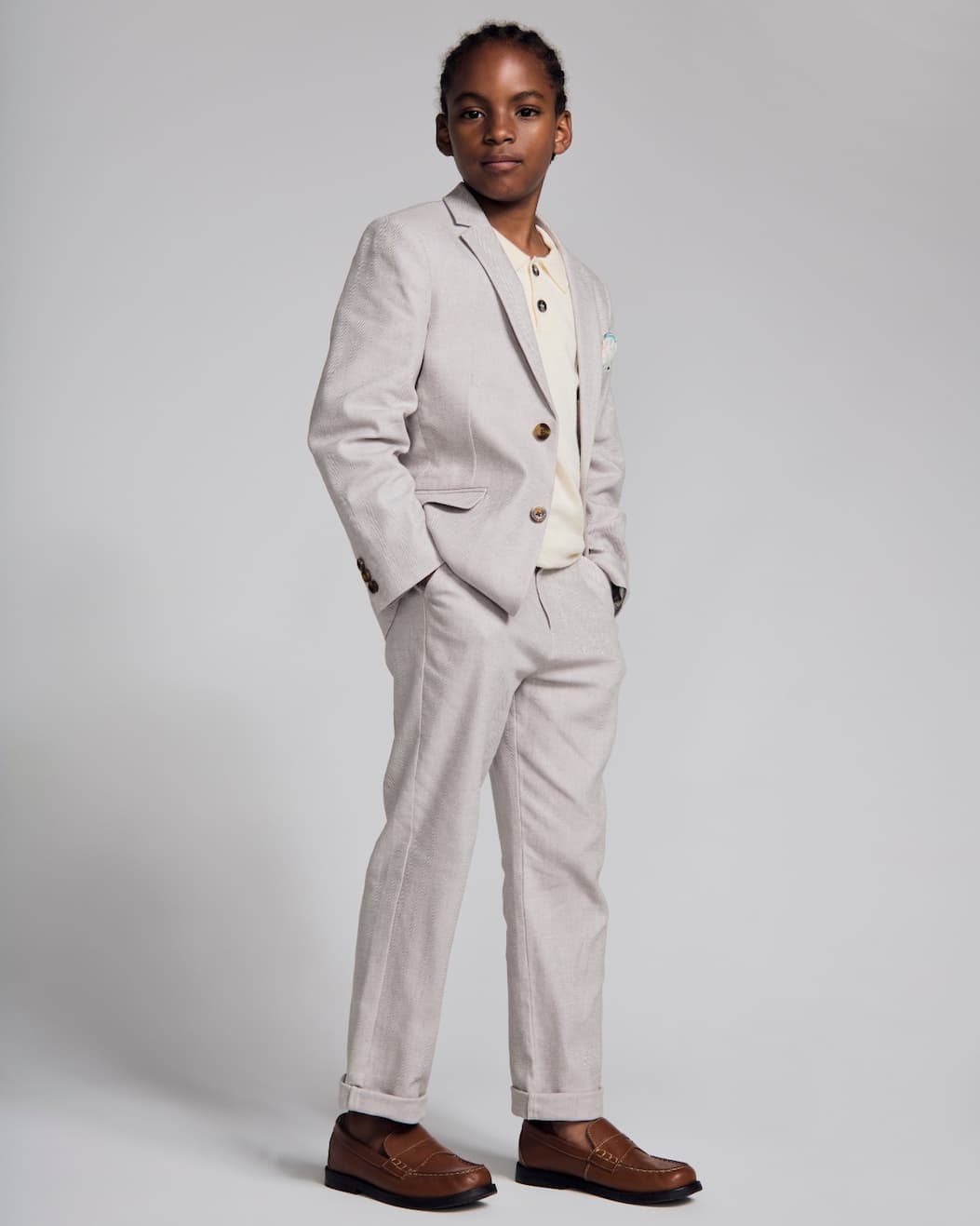Boy on grey background wearing Linen Grey Suit Set