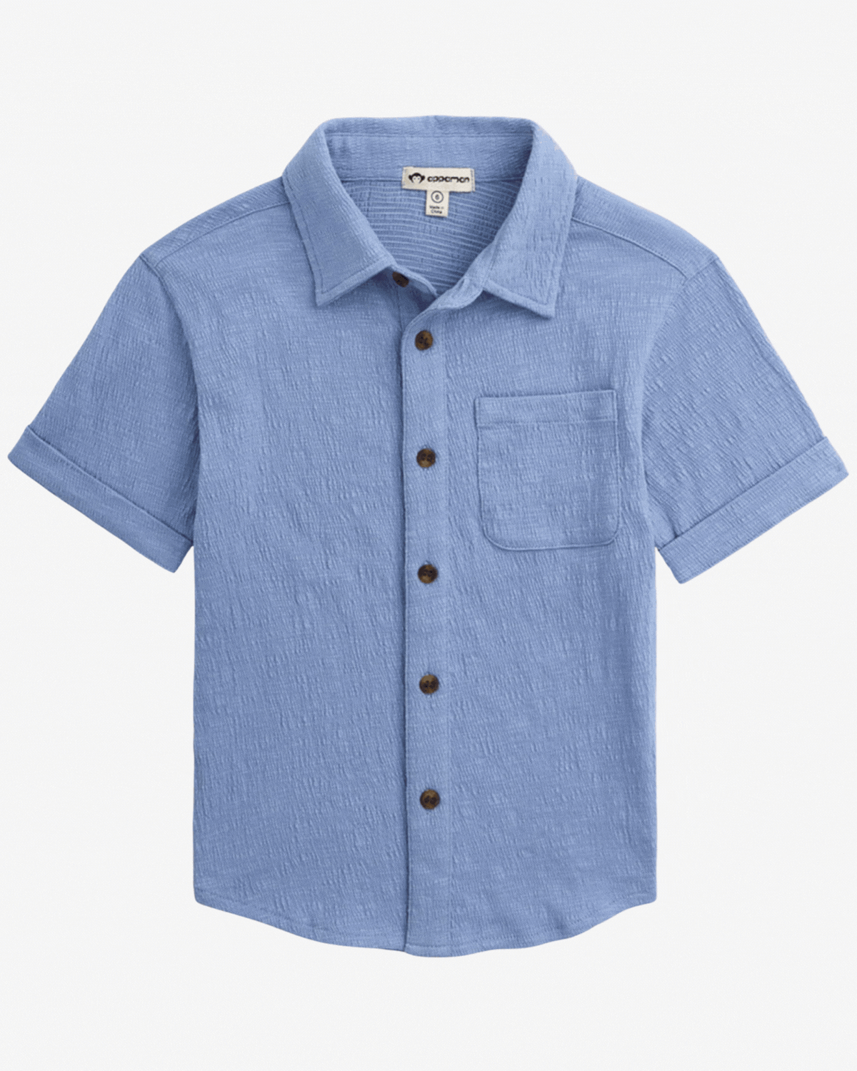 GIF of white, light blue, and navy beach shirt