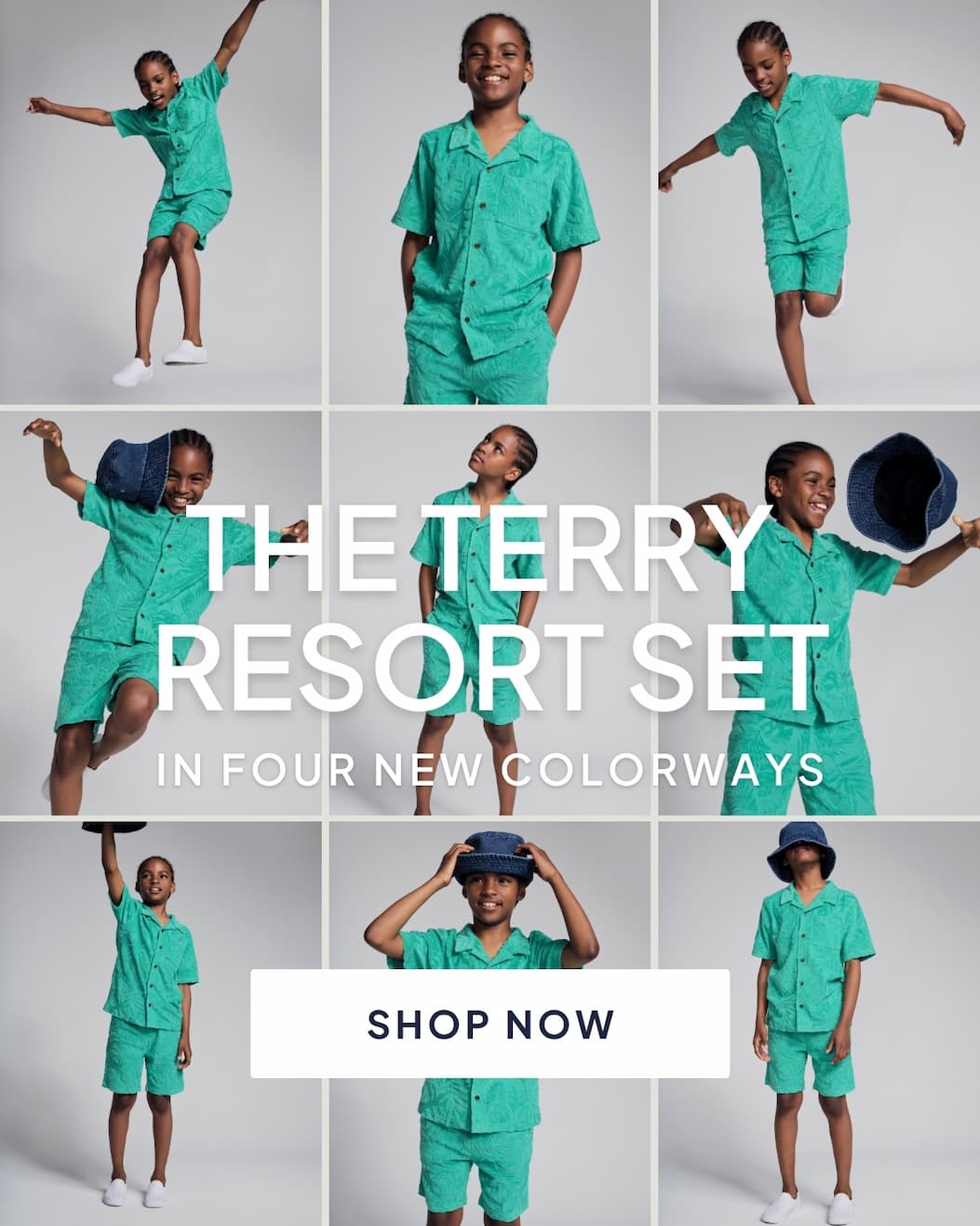 Collage of boy wearing emerald terry set on grey background with white text the terry resort set in four new colorways and shop now button