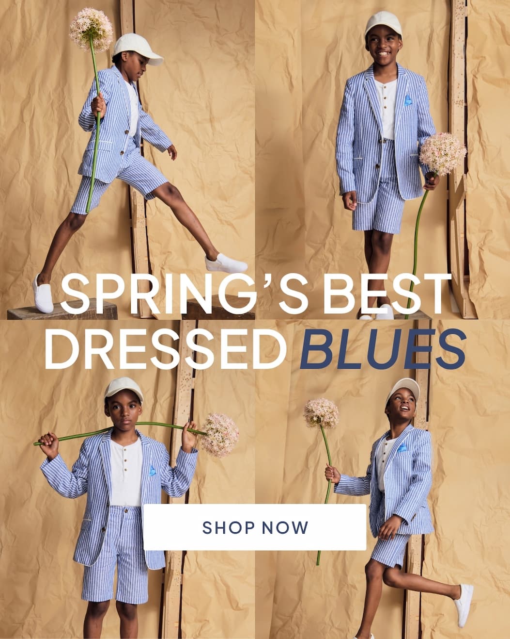 Collage of boy wearing blue striped shorts suit with white text spring's best dressed blues and shop now button