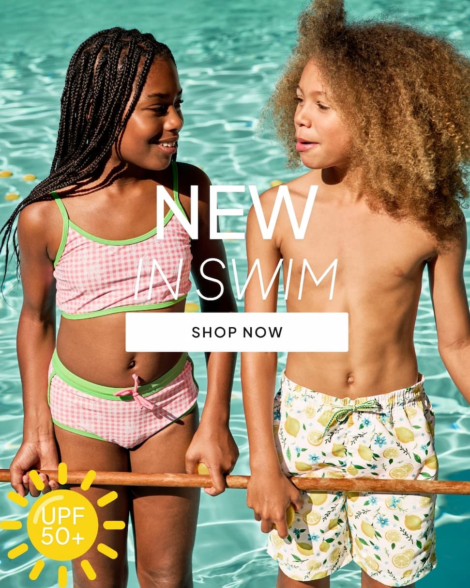 Two kids in swimsuits by the pool with text new in swim and shop now button with upf 50+ sun icon