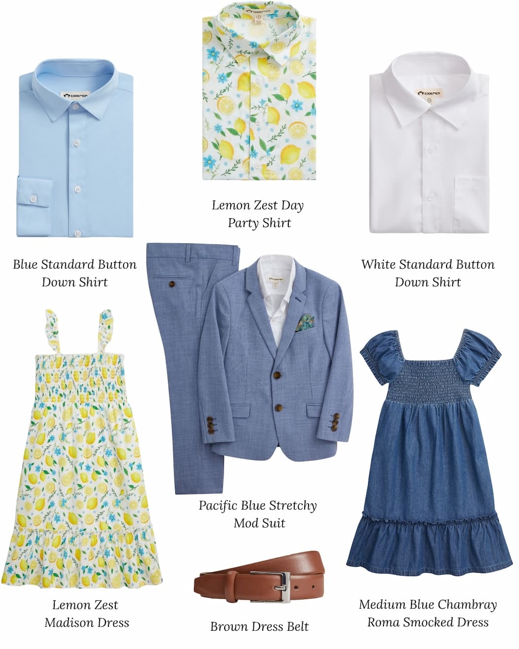 Collage of kids formal wear with blue and yellow looks