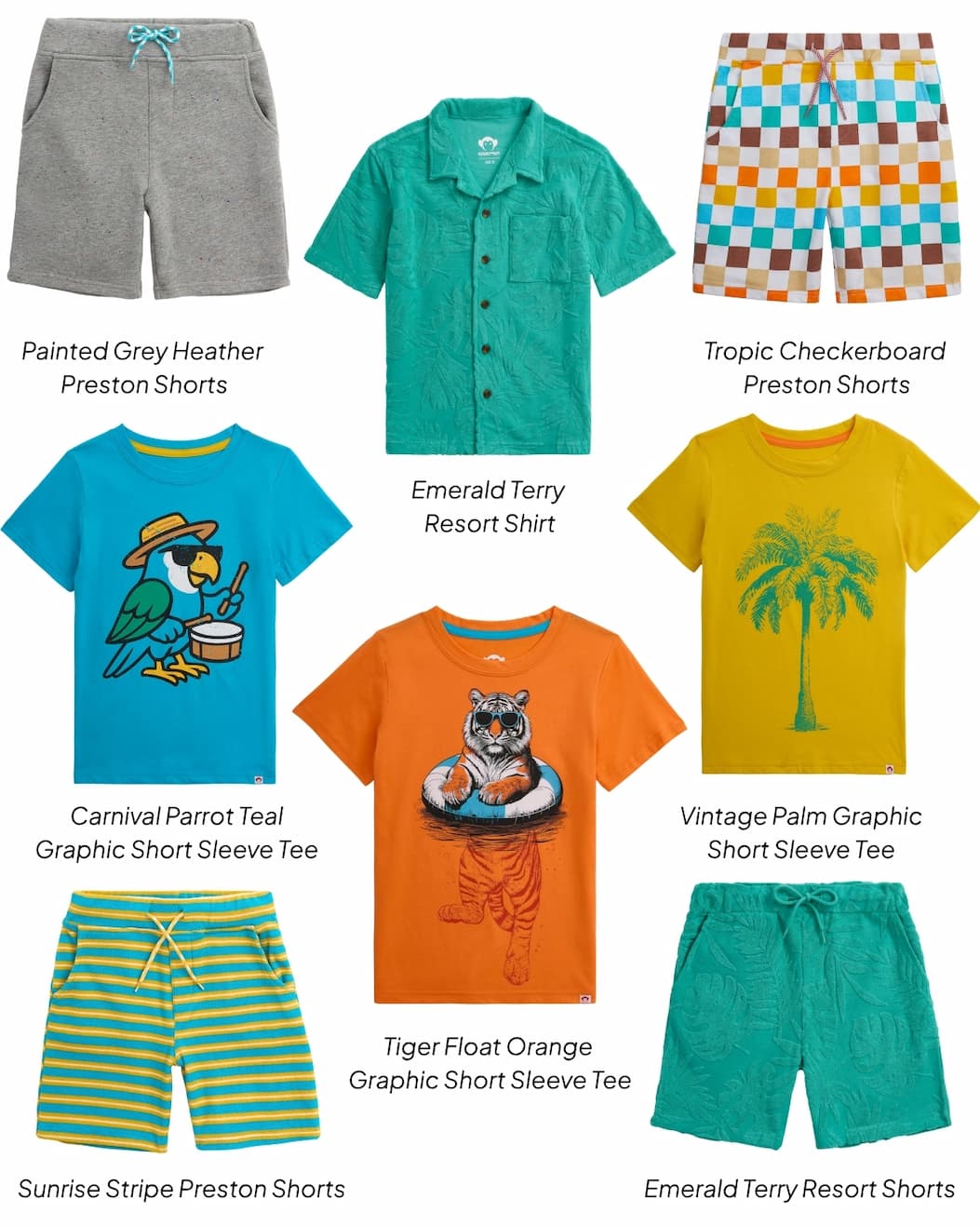 Collage of boys graphic tees and matching shorts