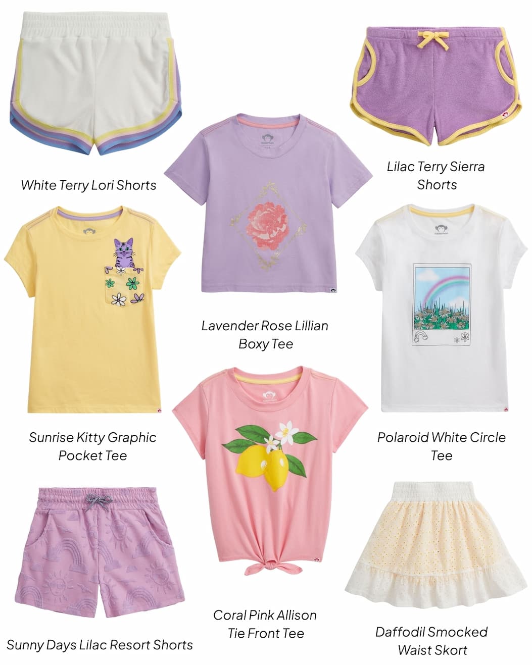 Collage of girls graphic tees and matching shorts