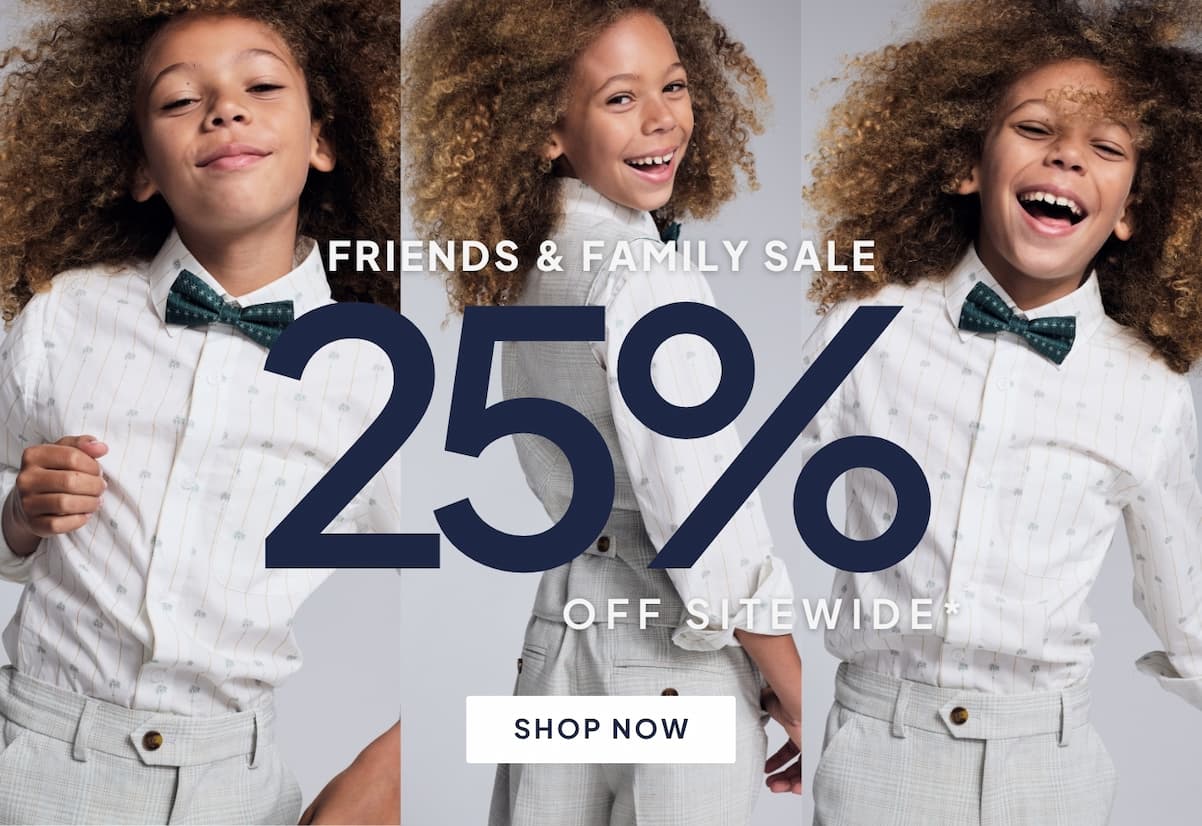 three images of boy wearing white dress shirt and green bow tie with text friends & family sale 25% off sitewide and shop now button