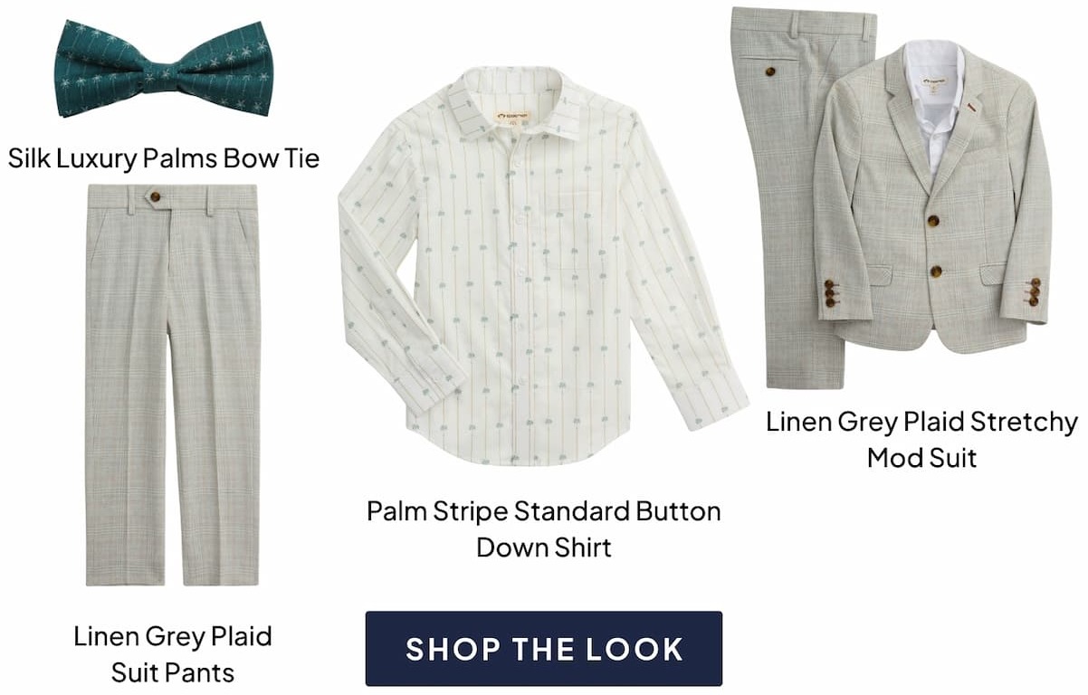 layout of bow tie, dress shirt, grey suit & grey suit pants with navy shop the look button