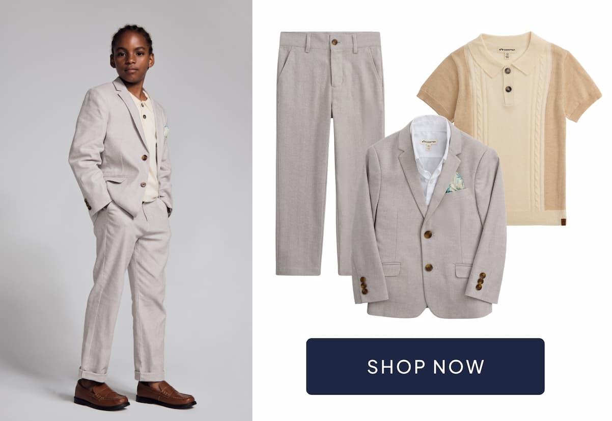 boy wearing grey suit and grey suit images with navy shop now button