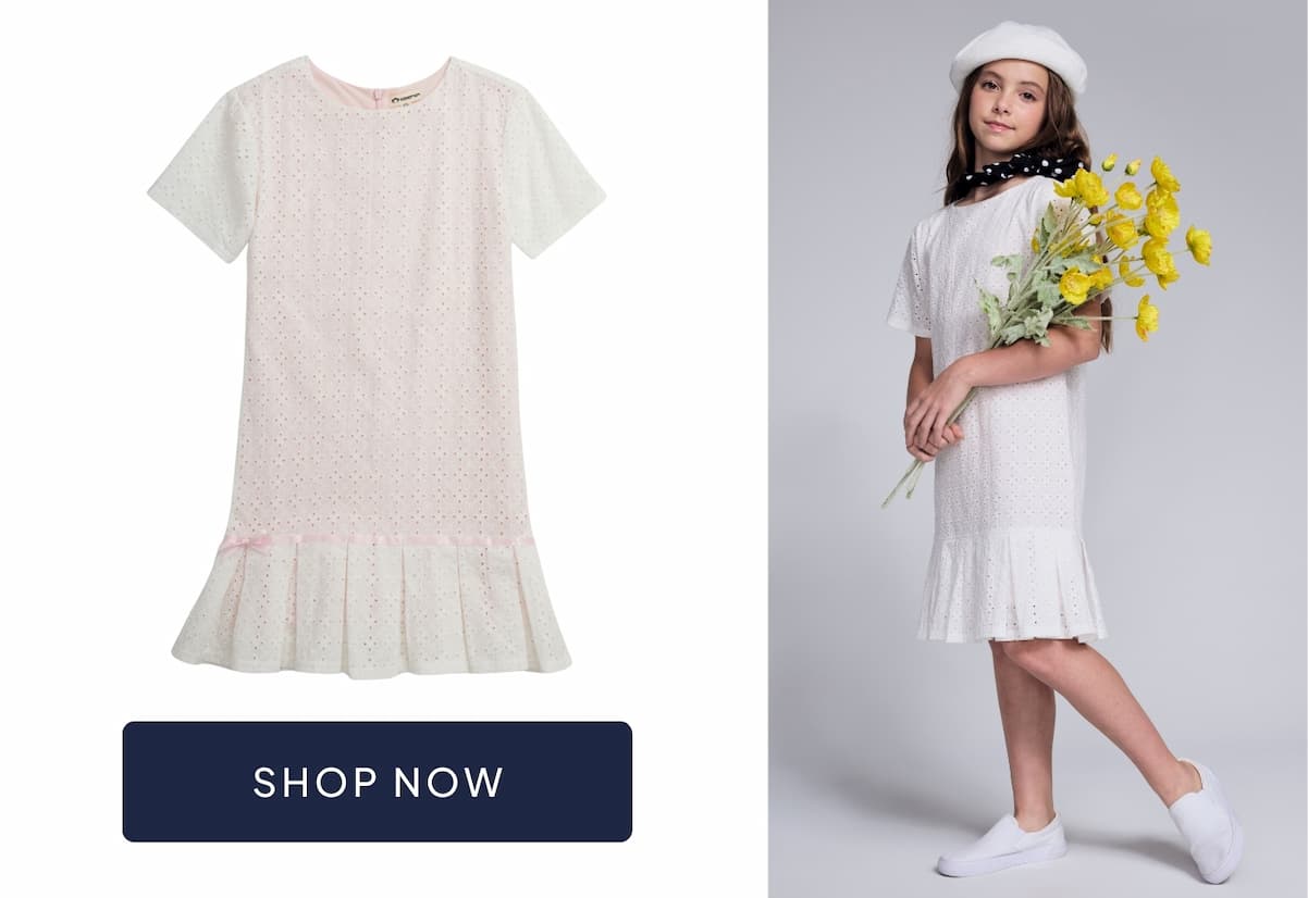 girl wearing pink dress and pink dress images with navy shop now button