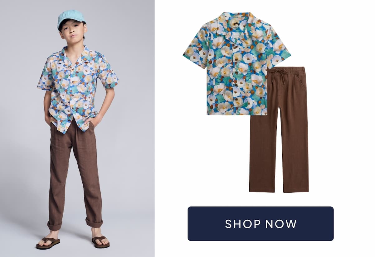 boy wearing floral shirt and brown pants with image of outfit and navy shop now button