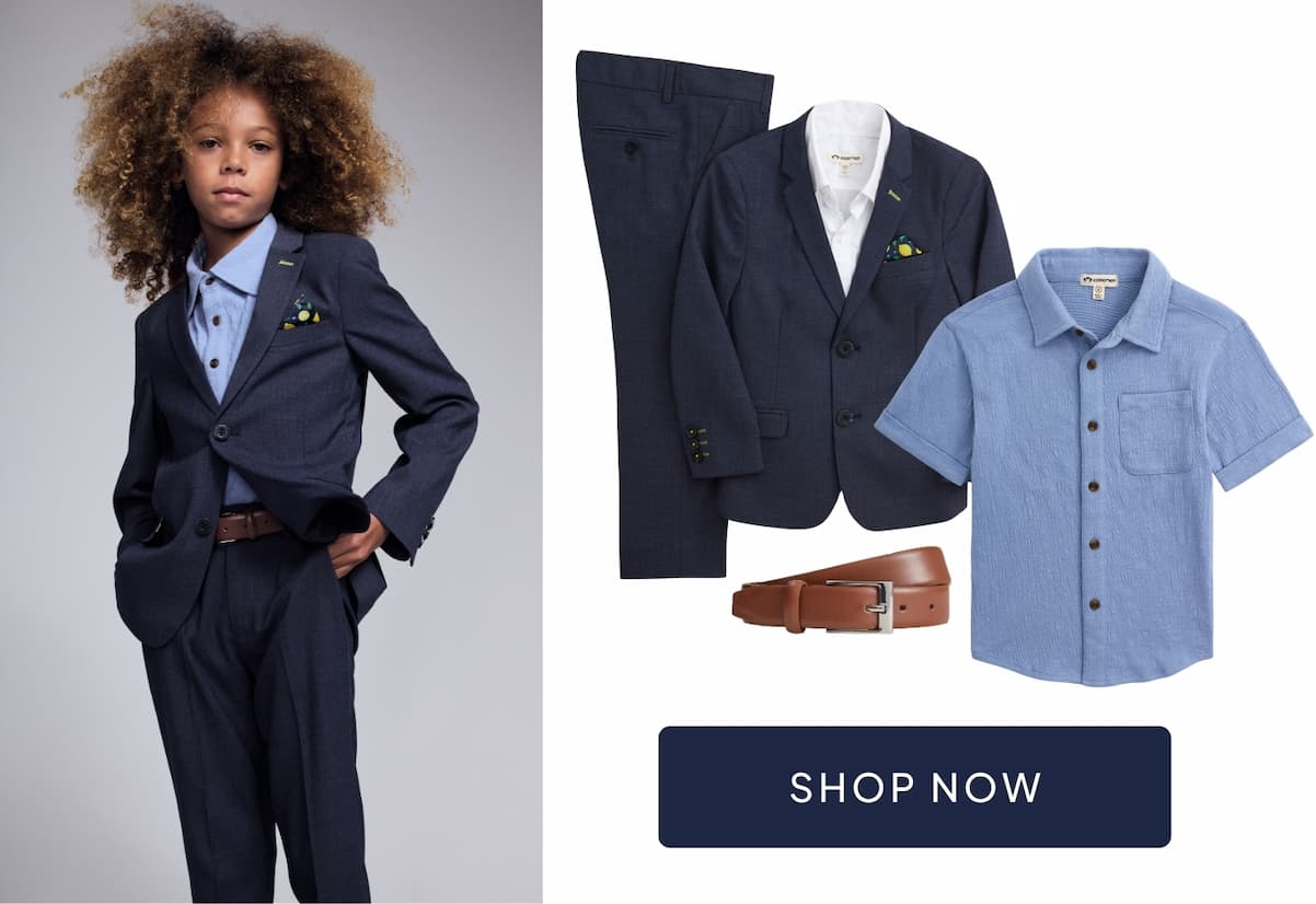 boy wearing blue suit with image of suit and shirt and navy shop now button