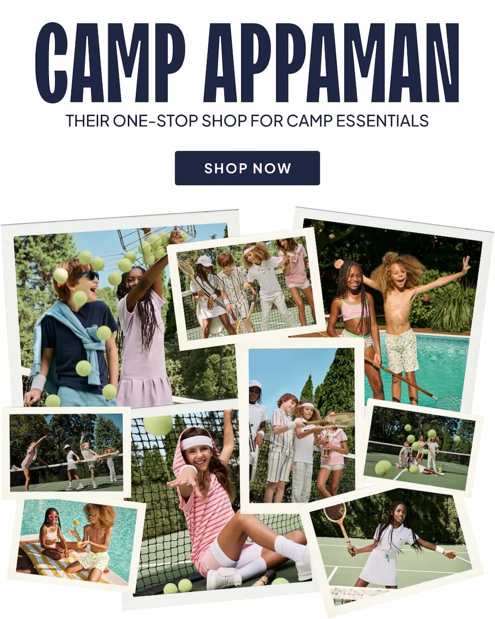Collage of polaroids of kids at summer camp with navy text camp Appaman their one stop shop for camp essentials and shop now button