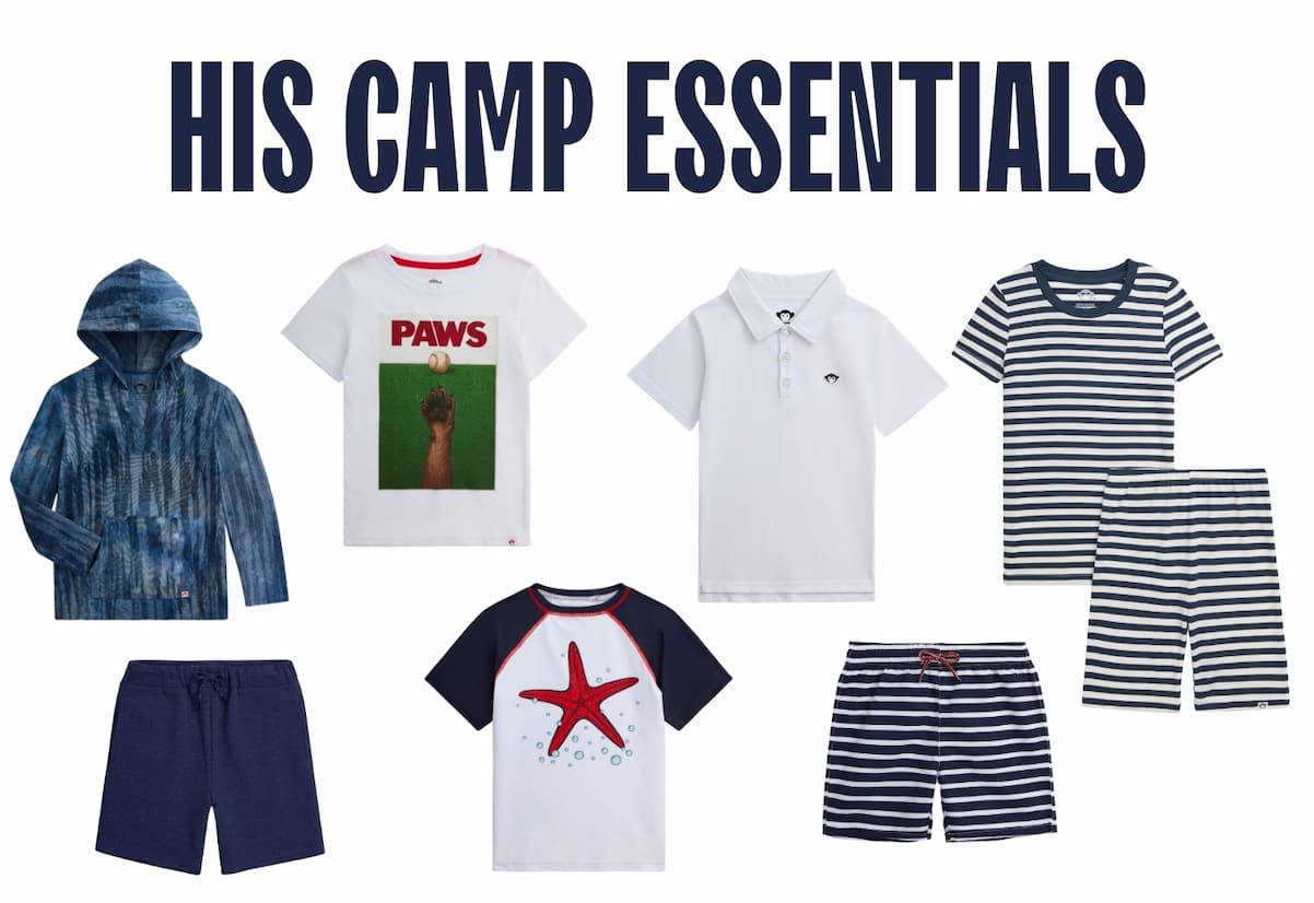 Navy text his camp essentials and layout of boys navy and white camp clothes