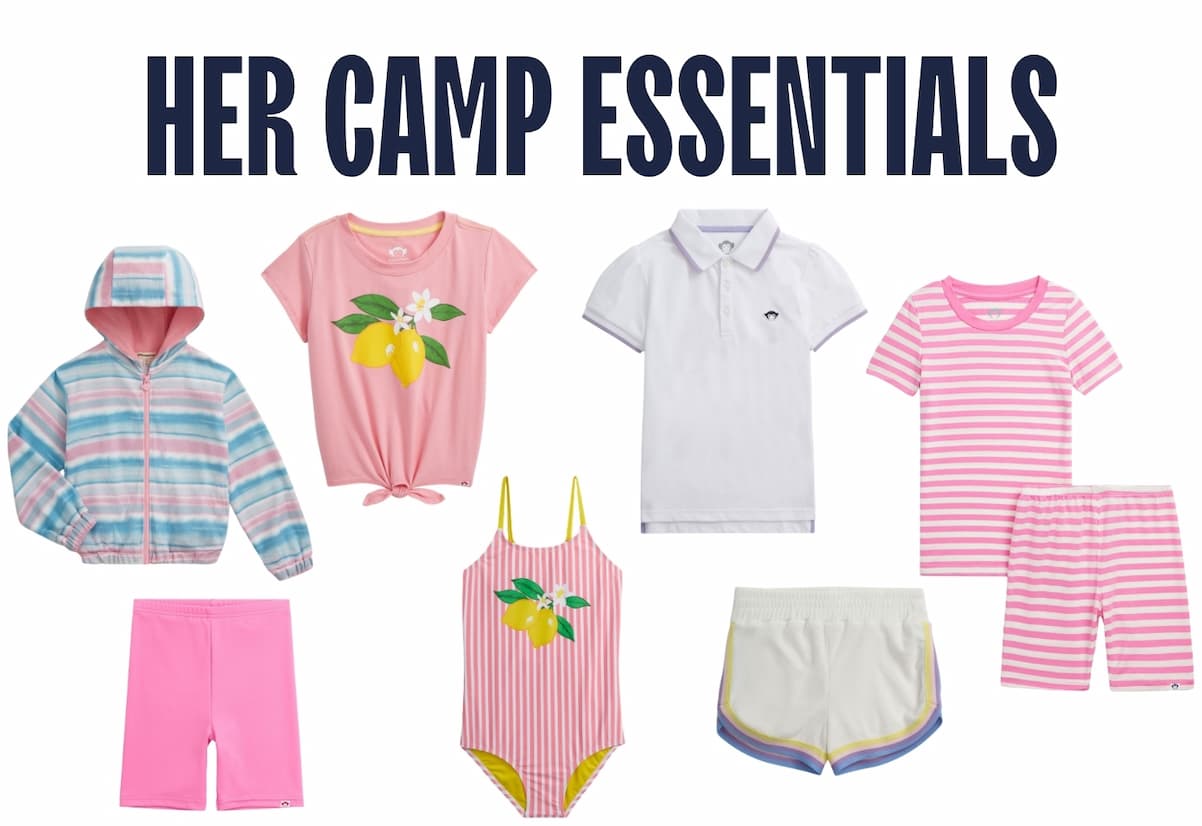 Navy text her camp essentials and layout of girls pink and white camp clothes