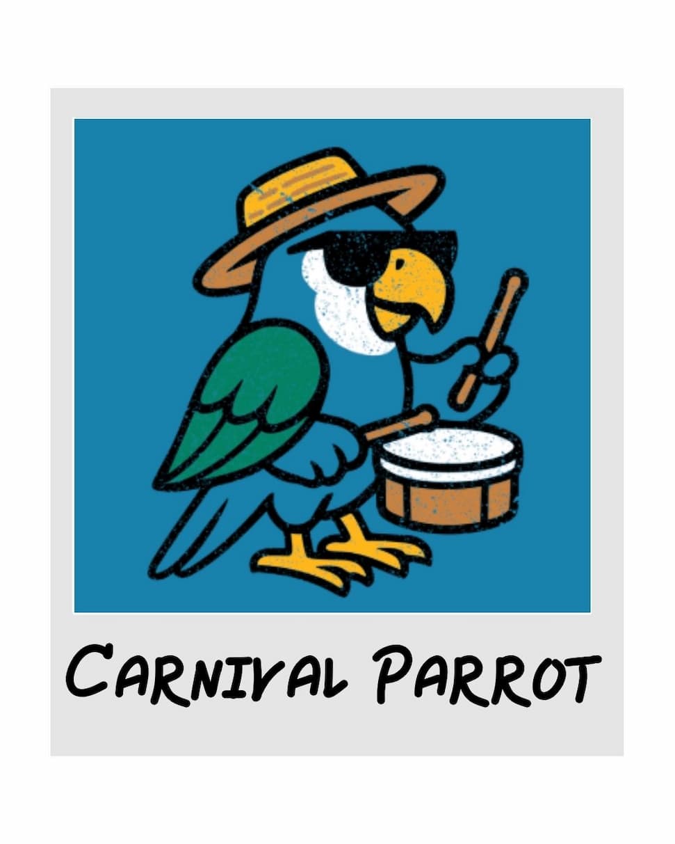 polaroid of parrot graphic on teal background