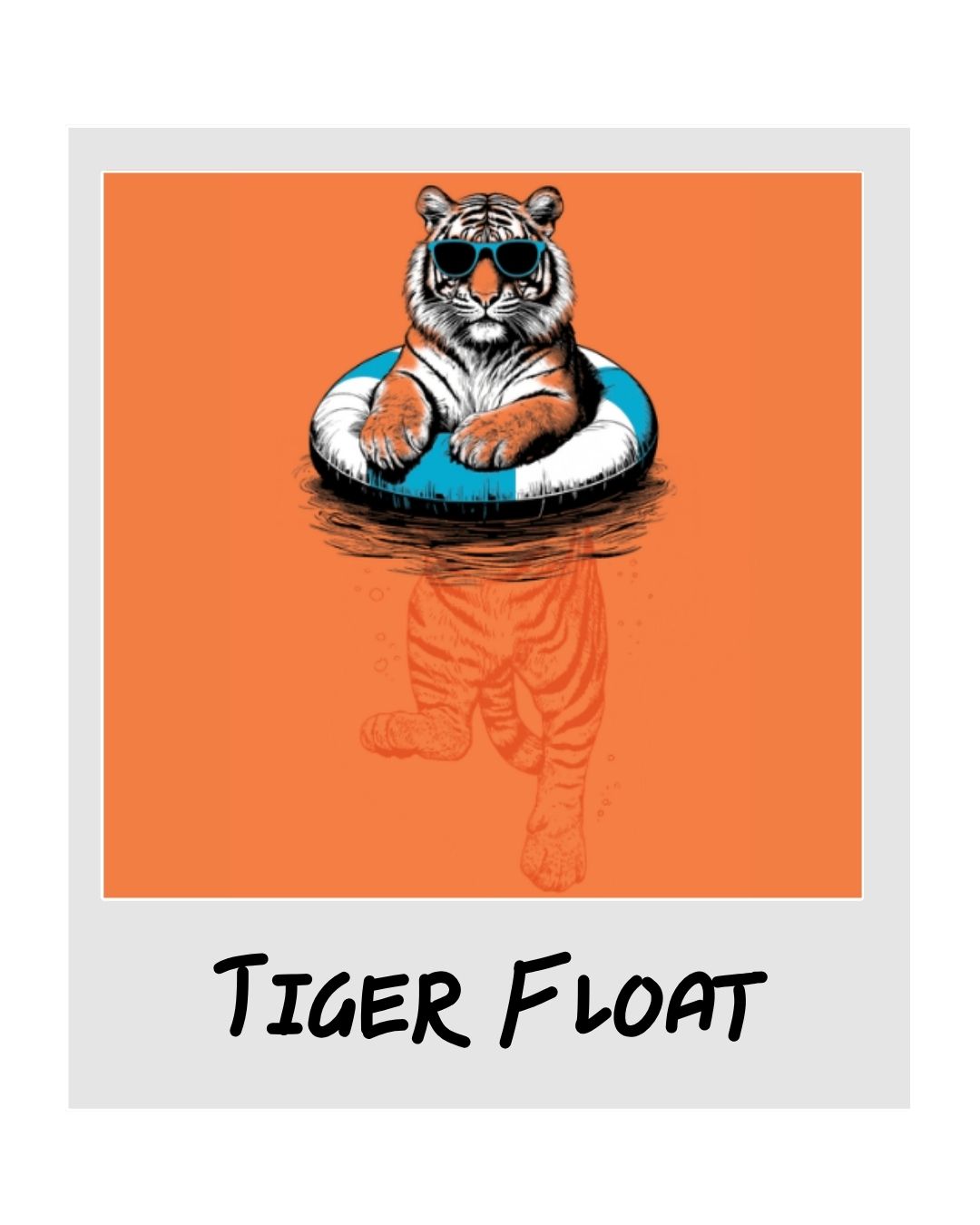 polaroid of tiger in a pool float graphic with orange background