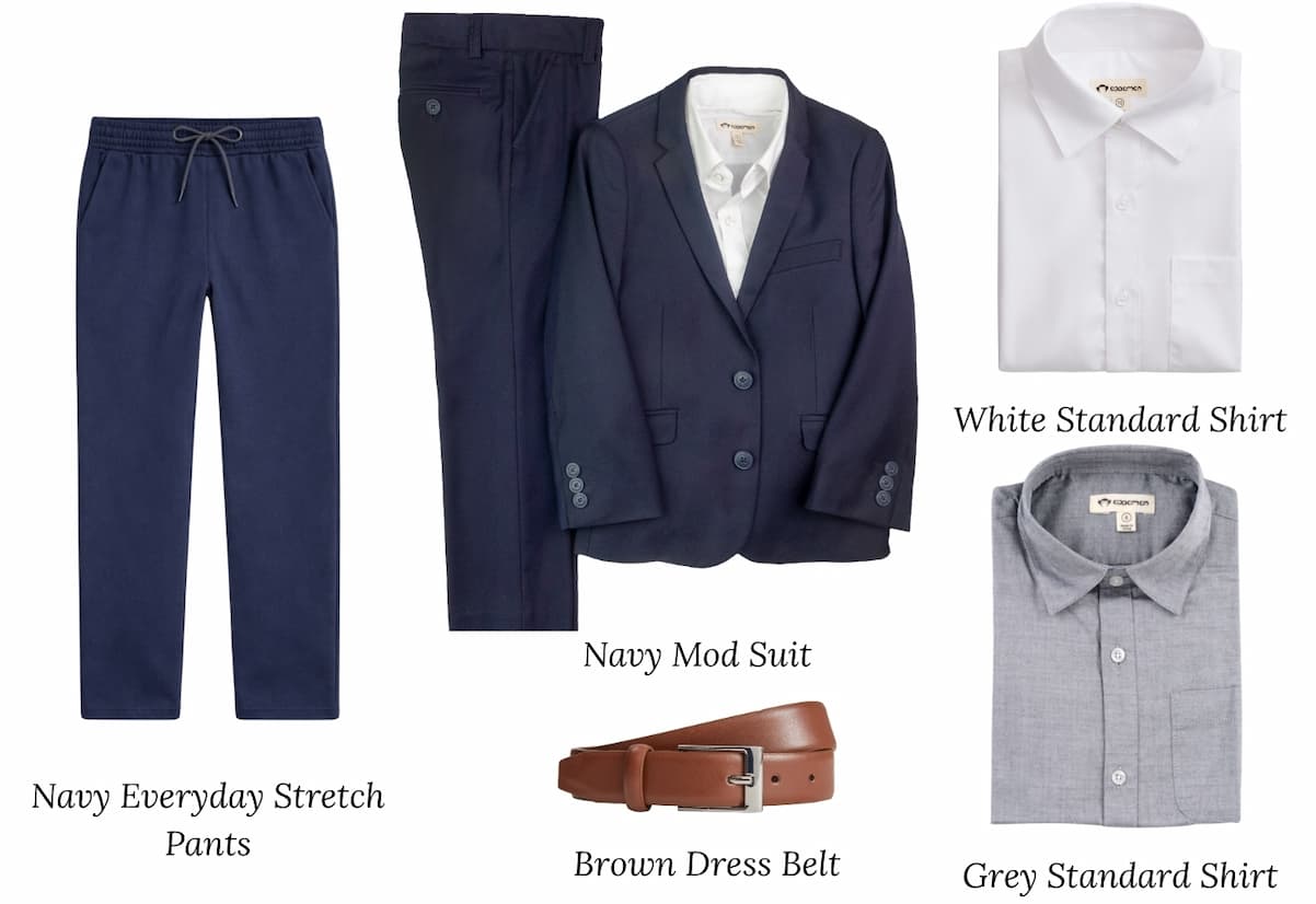 Collage of navy suit, navy pants, belt and dress shirts