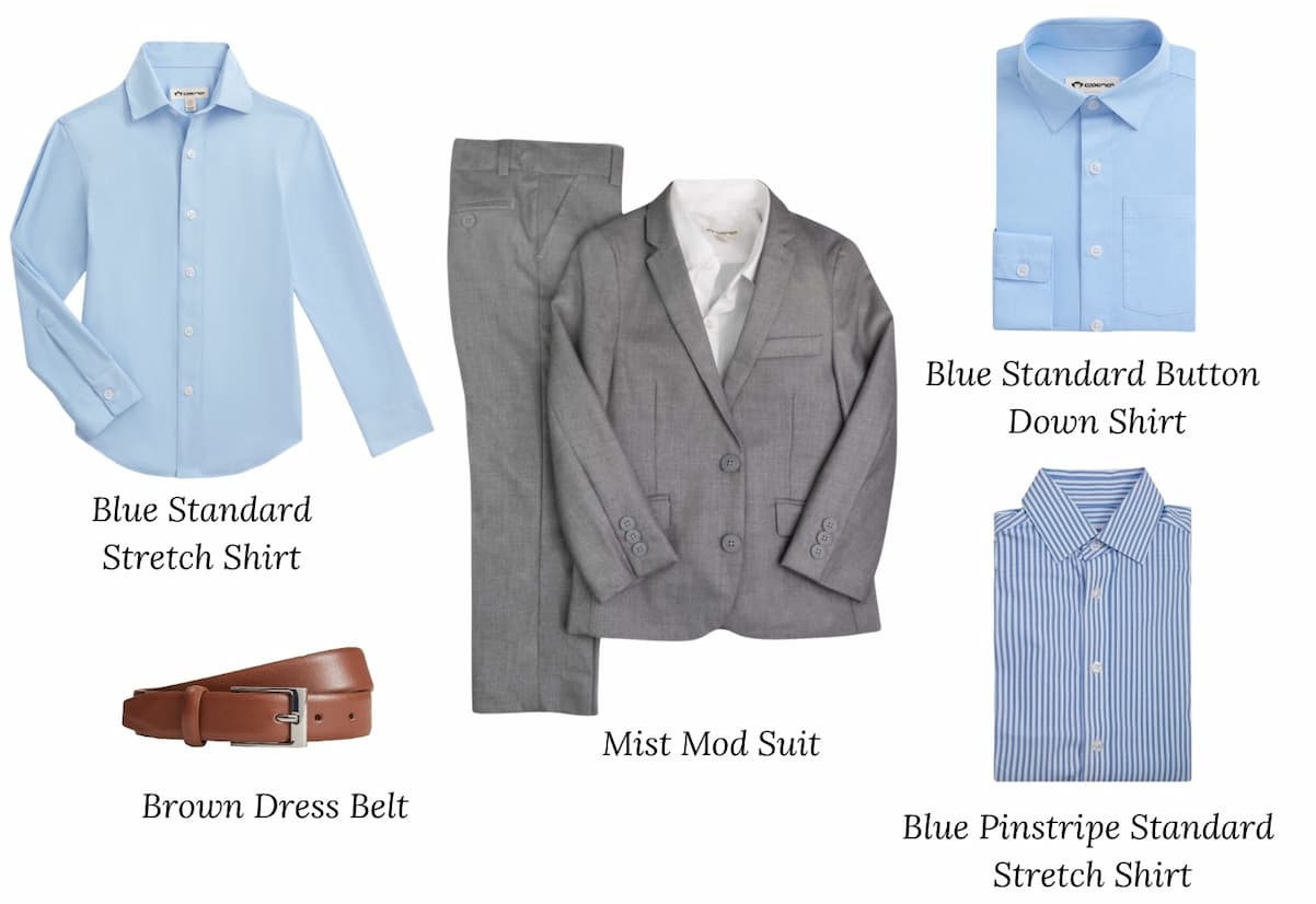 Collage of grey suit, belt and blue dress shirts