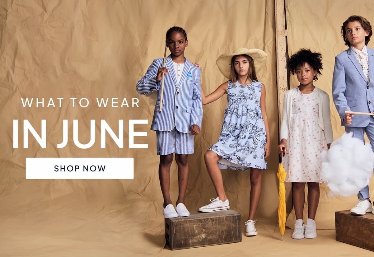 Image of kids wearing dress clothes on paper backdrop with white text what to wear in June and shop now button