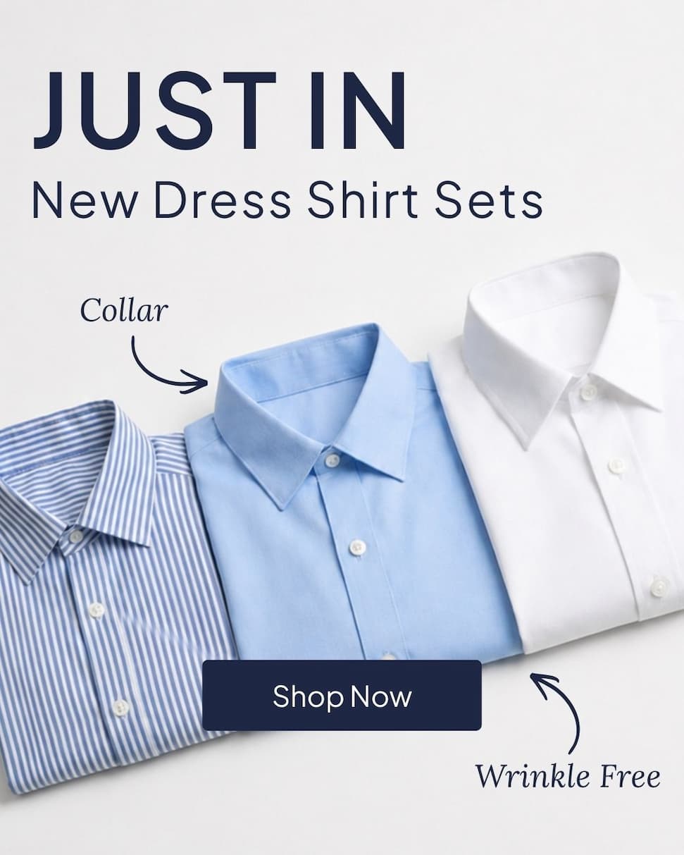 Dress shirts on grey background with text just in new dress shirt sets and shop now button
