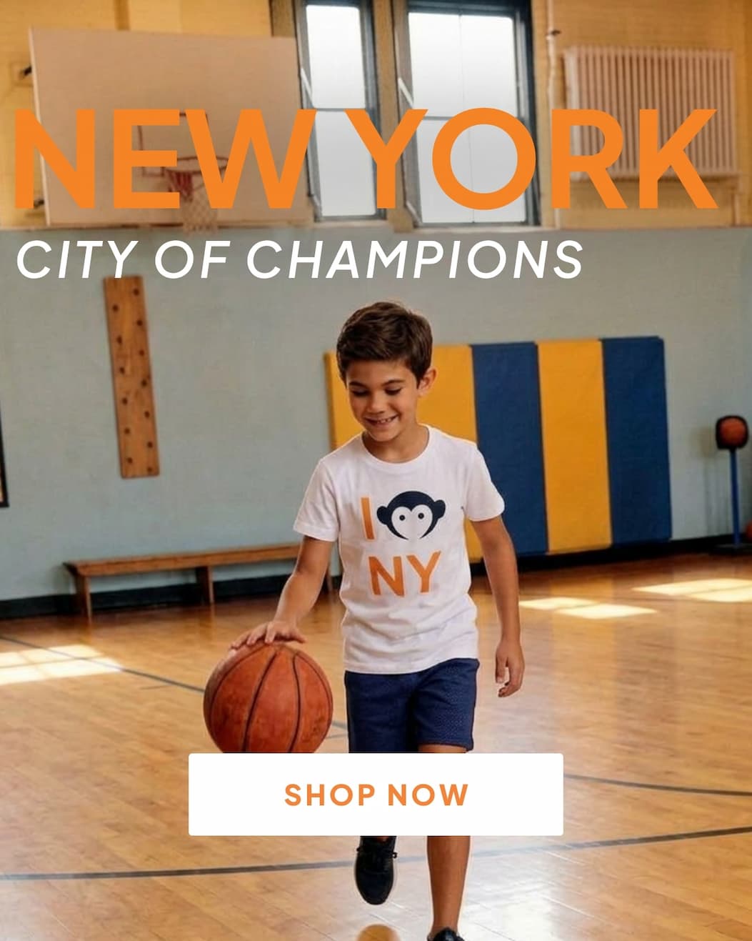 Boy playing basketball with text new york city of champions