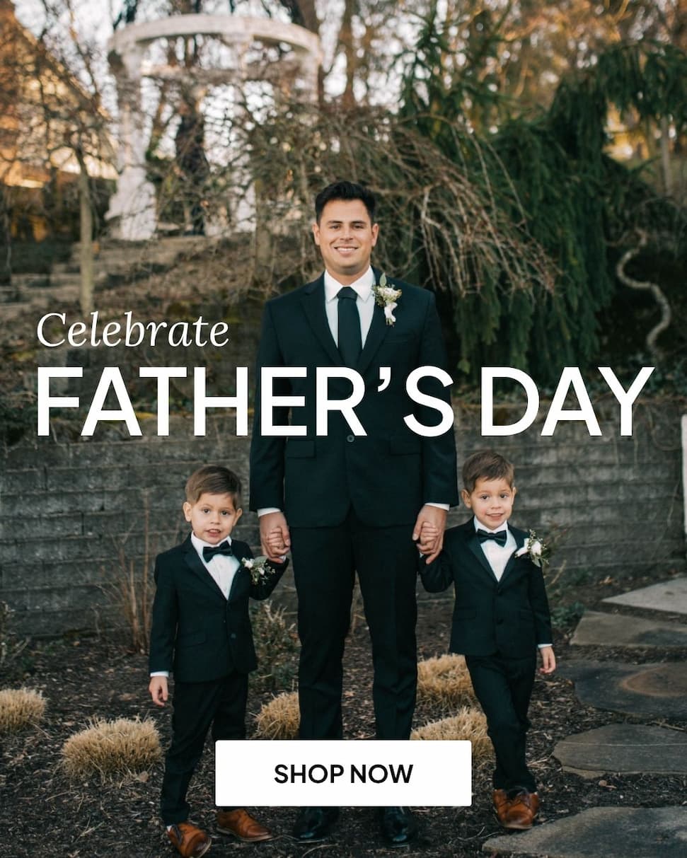 Boys wearing black suits with dad and text celebrate father's day and shop now button