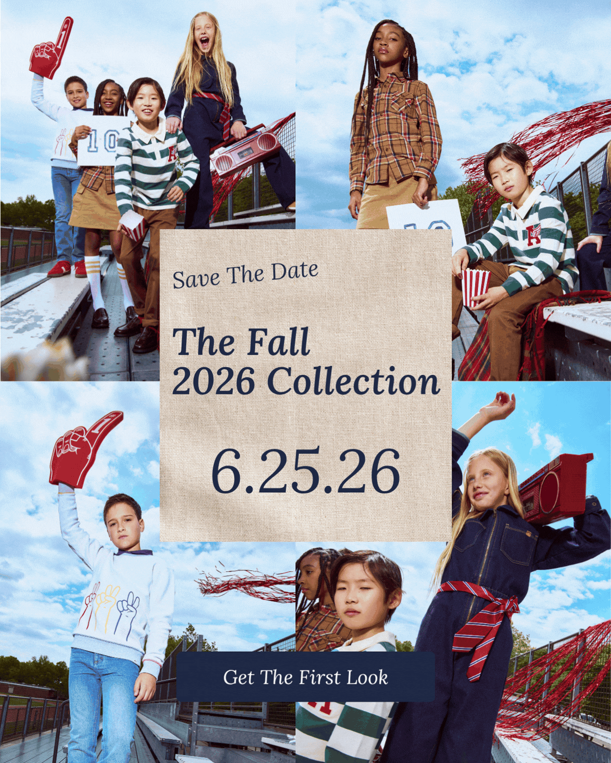 GIF of new collection with text save the date the fall 2026 collection 6.25.26 and get the first look button