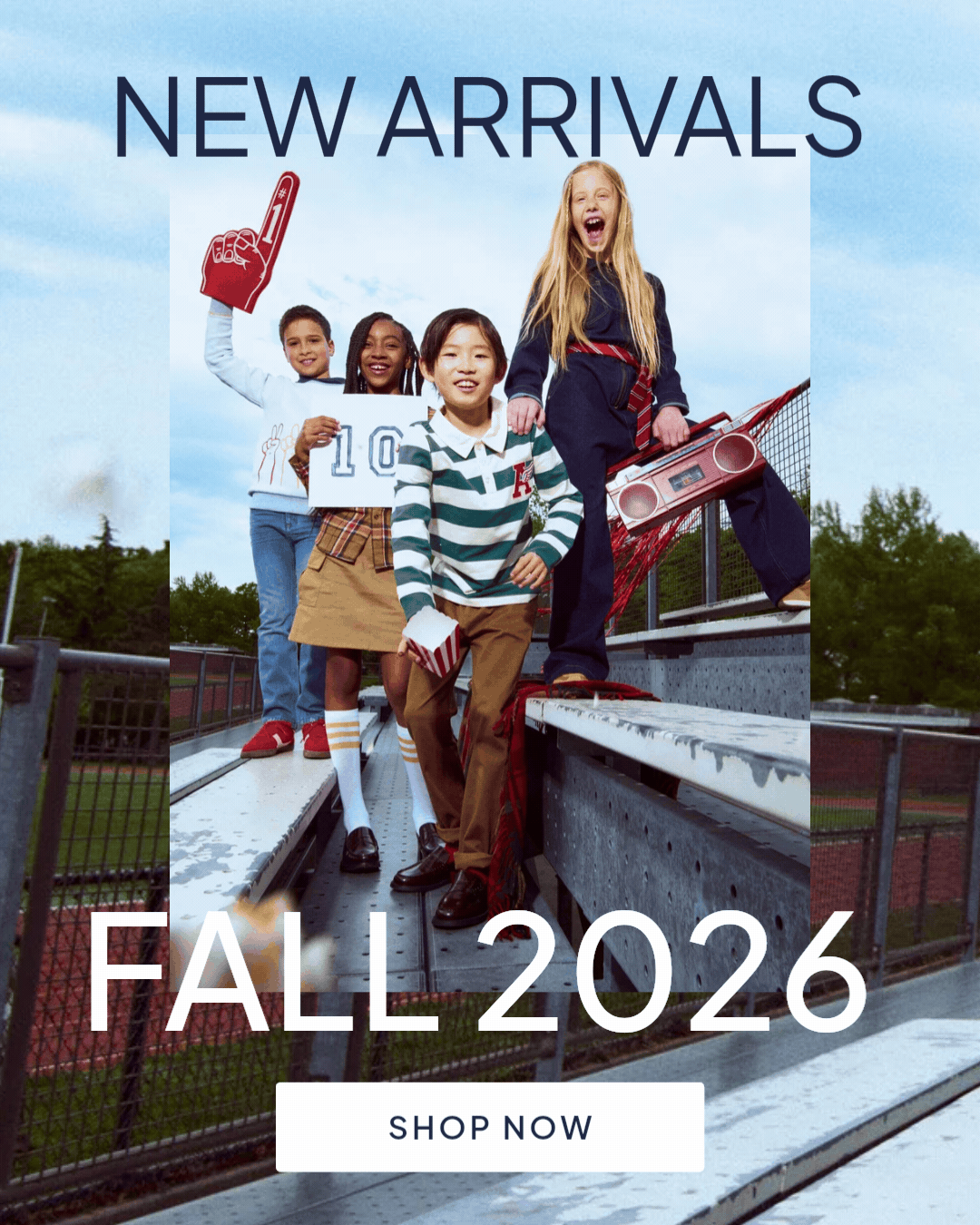 GIF of new collection with text new arrivals fall 2026 and shop now button