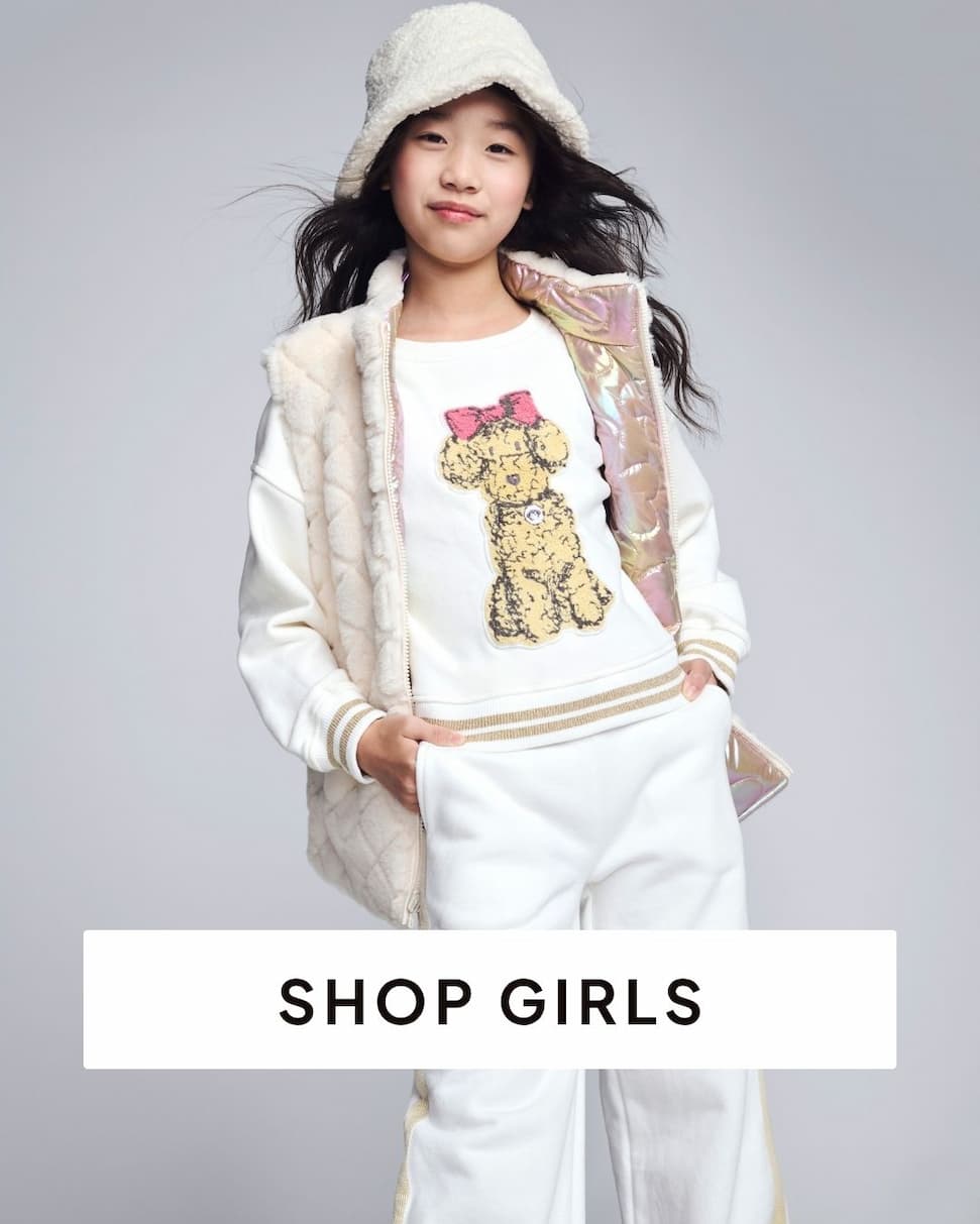 girl wearing white sweat set and vest on grey background with text shop girls