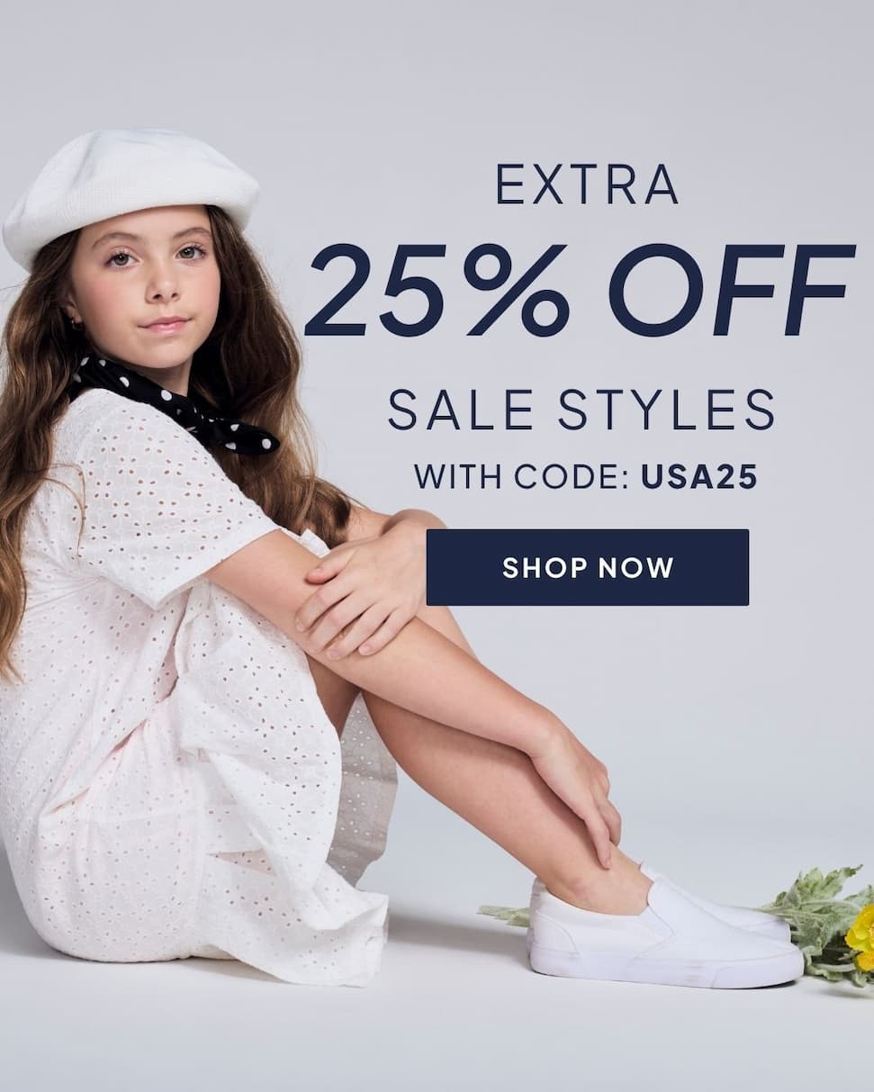Girl wearing white dress on grey background with text extra 25% off sale styles with code USA25 and shop now button