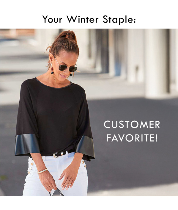 Your Winter Staple: Black dolman sleeve leather trim top is a customer favorite!
