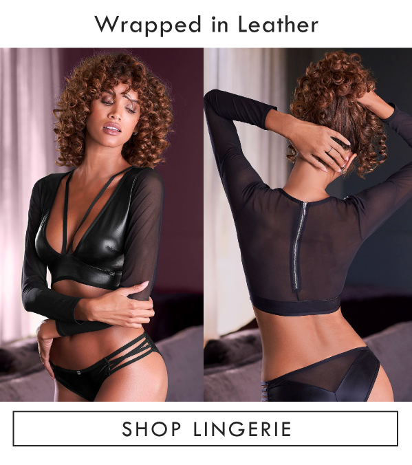 Wrapped in Leather | Black faux leather mesh sexy top | SHOP LINGERIE